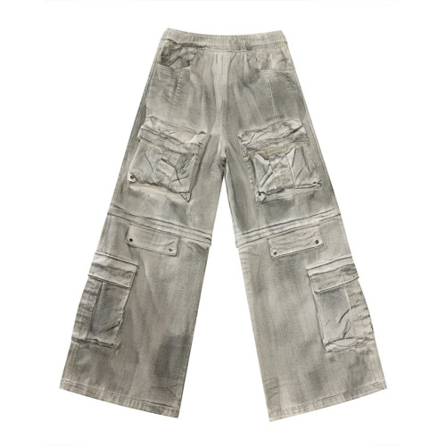 Custom Deconstructed Gray Cargo Denim Pants – Streetwear for High-End Designers