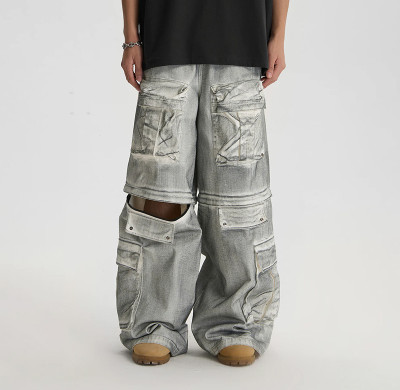 Custom Deconstructed Gray Cargo Denim Pants – Streetwear for High-End Designers