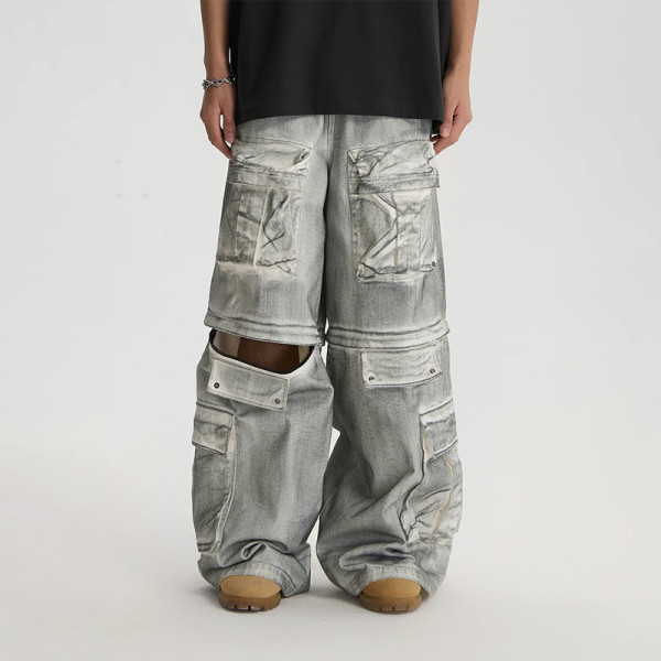 Custom Deconstructed Gray Cargo Denim Pants – Streetwear for High-End Designers