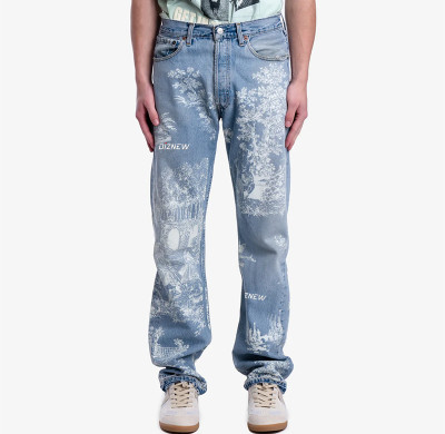 Toile Print Light Wash Artistic Straight-Leg Jeans