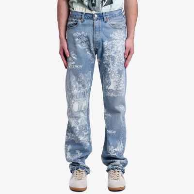 Toile Print Light Wash Artistic Straight-Leg Jeans