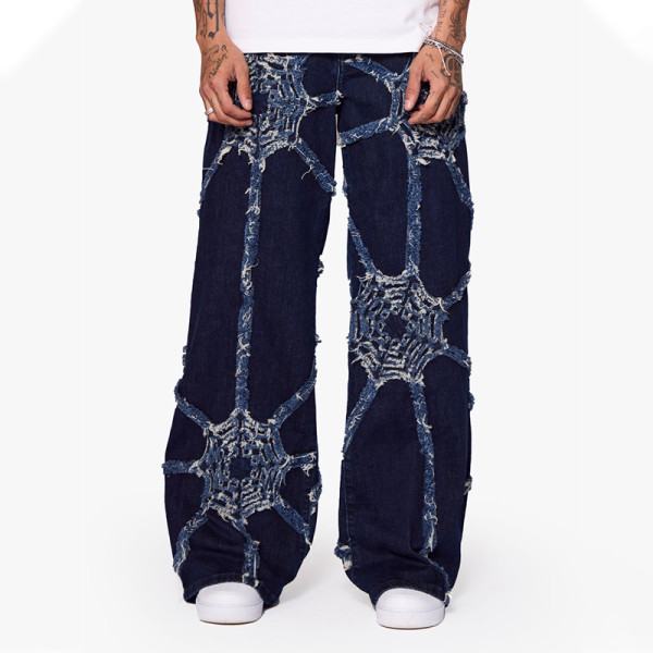 Spiderweb Distressed Deconstructed Wide-Leg Jeans
