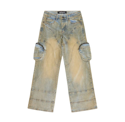 Custom Light-Wash Cargo Denim Jeans – Utility Side Pockets & Curved Stitching