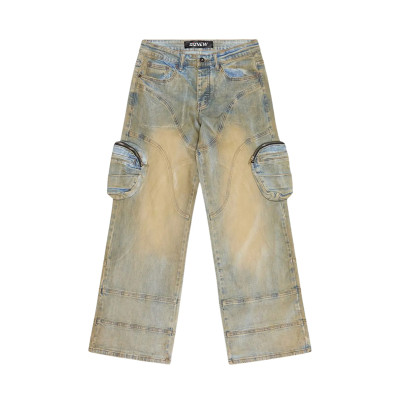 Custom Light-Wash Cargo Denim Jeans – Utility Side Pockets & Curved Stitching