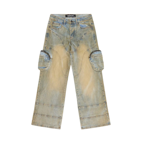 Custom Light-Wash Cargo Denim Jeans – Utility Side Pockets & Curved Stitching