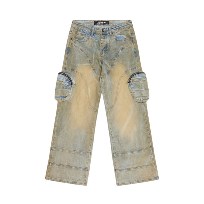 Custom Light-Wash Cargo Denim Jeans – Utility Side Pockets & Curved Stitching