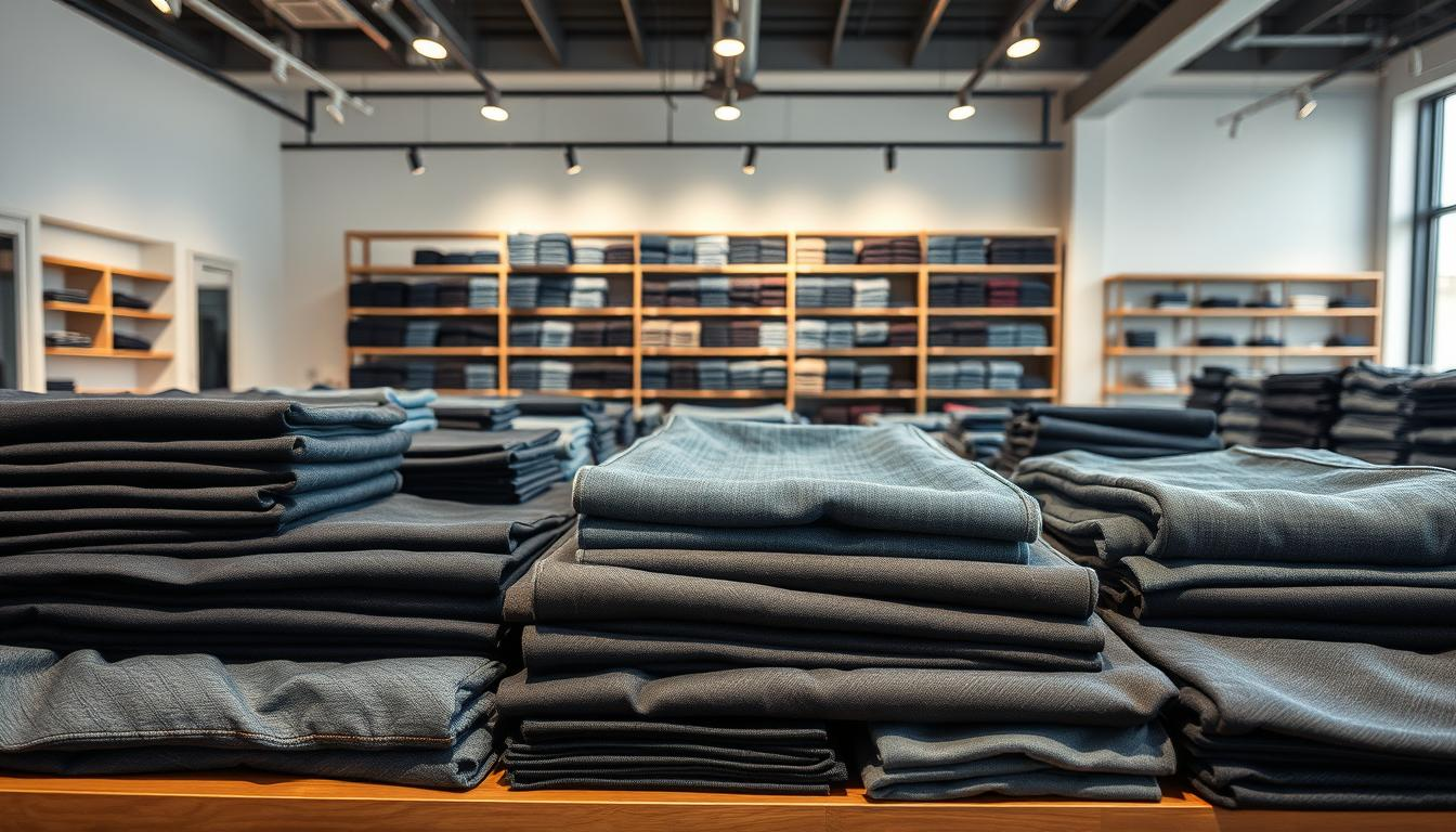 A high-quality, well-lit photograph of a premium denim fabric supplier's showroom, featuring a central display of various shades and textures of DiZNEW denim fabrics. The foreground showcases neatly folded piles of denim in different washes, weights, and finishes, with subtle lighting accentuating the fabric's luxurious sheen. In the middle ground, rows of shelves hold bolts of DiZNEW denim, organized by color and style. The background depicts a spacious, modern showroom with sleek, minimalist decor, allowing the denim fabrics to be the star of the scene. The overall atmosphere conveys a sense of quality, craftsmanship, and attention to detail that typifies a leading denim fabric supplier.