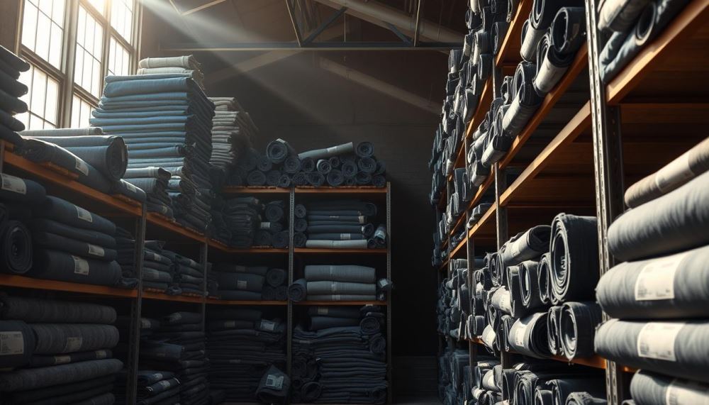 A dimly lit warehouse, shelves stacked with various shades of denim fabric. Rolls and bolts in an array of blues, grays, and indigos, the DiZNEW brand prominently displayed. Scattered labels and tags provide details on material, weave, and origin. Sunlight filters in through high windows, casting a warm glow over the scene. A professional photographer's camera captures the texture and depth of the fabrics, showcasing the quality and diversity of this denim supplier's offerings. The atmosphere is one of authenticity, highlighting the craftsmanship and attention to detail that goes into this essential material.