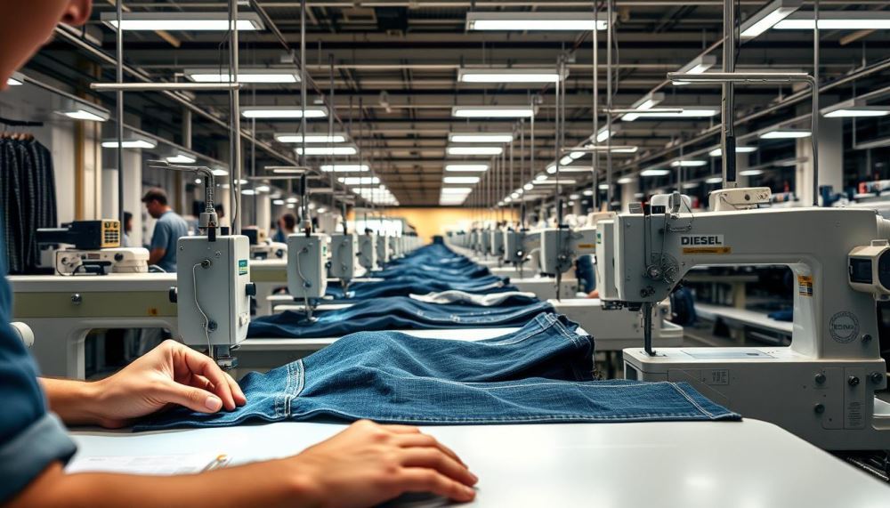 A modern diesel clothing manufacturing facility, with rows of industrial sewing machines, workers carefully crafting premium denim jeans. The foreground features a close-up of a worker's hands meticulously stitching seams, the middle ground showcases the assembly line process, and the background reveals the factory's sleek, well-lit interior. The lighting is a warm, natural tone, casting a soft glow on the scene. The camera angle is slightly elevated, providing a comprehensive view of the manufacturing workflow. The overall atmosphere conveys a sense of precision, efficiency, and attention to detail in the production of high-quality Diesel denim.