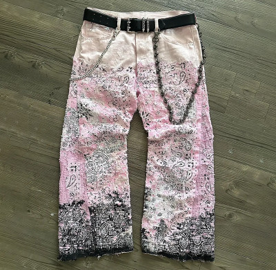 Custom Patchwork Distressed Bandana Jeans – Pink & Black with Chains