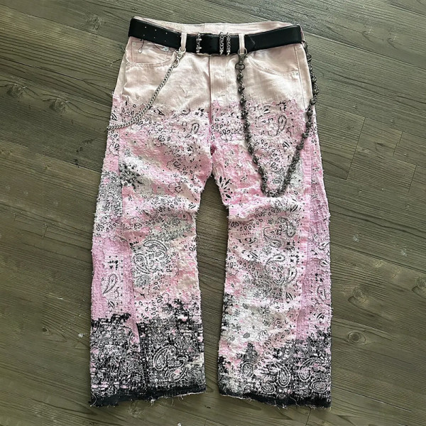 Custom Patchwork Distressed Bandana Jeans – Pink & Black with Chains