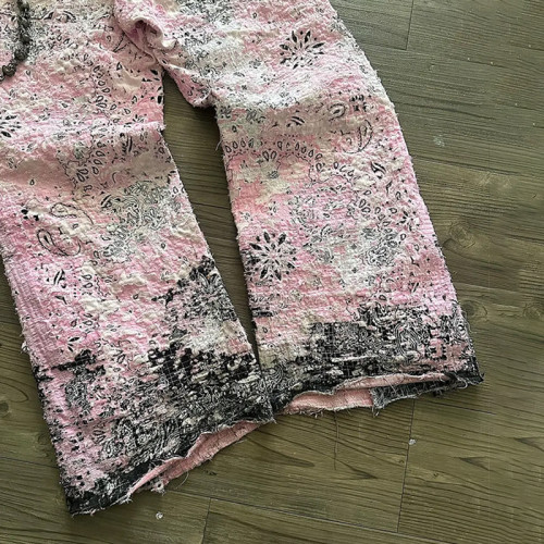 Custom Patchwork Distressed Bandana Jeans – Pink & Black with Chains