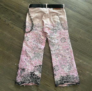 Custom Patchwork Distressed Bandana Jeans – Pink & Black with Chains