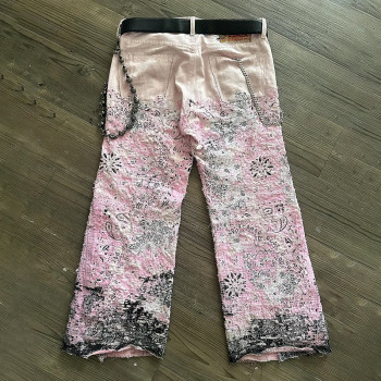Custom Patchwork Distressed Bandana Jeans – Pink & Black with Chains
