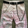 Custom Patchwork Distressed Bandana Jeans – Pink & Black with Chains