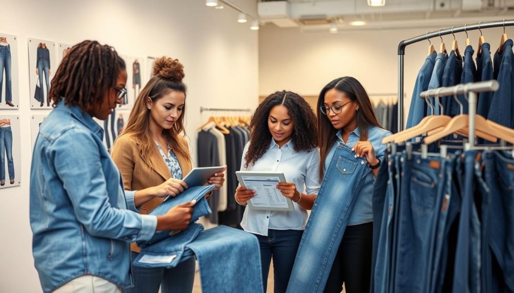 Fashion business team reviewing denim samples from Top 6 Branded Jeans Manufacturers in China USA UK