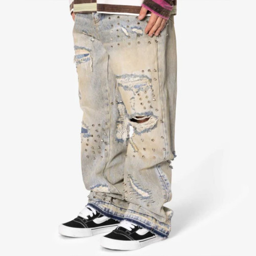 Custom Distressed Studded Baggy Jeans for Avant-Streetwear Brands