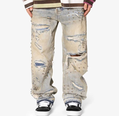 Custom Distressed Studded Baggy Jeans for Avant-Streetwear Brands