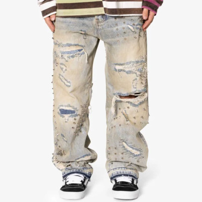 Custom Distressed Studded Baggy Jeans for Avant-Streetwear Brands
