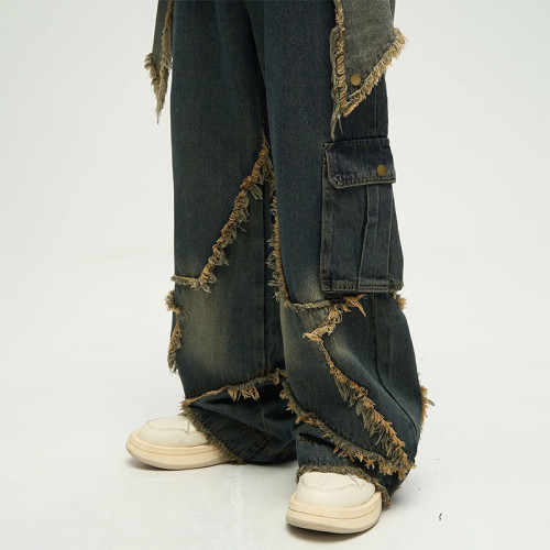 Deconstructed Frayed Wide-Leg Denim Pants