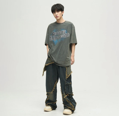 Deconstructed Frayed Wide-Leg Denim Pants