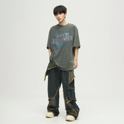 Deconstructed Frayed Wide-Leg Denim Pants