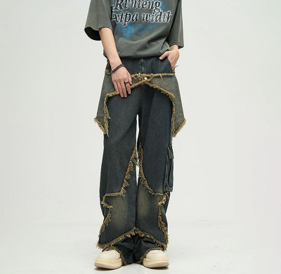 Deconstructed Frayed Wide-Leg Denim Pants