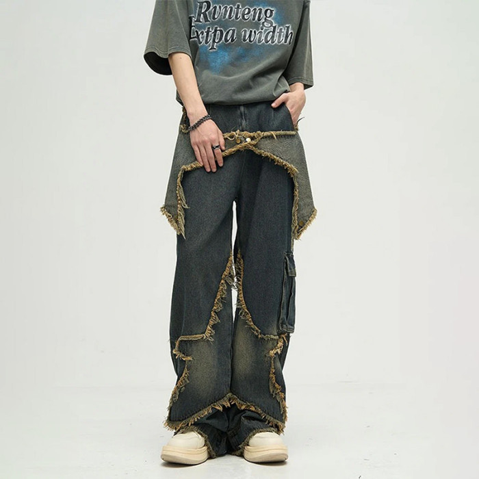 Deconstructed Frayed Wide-Leg Denim Pants