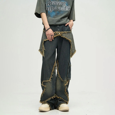 Deconstructed Frayed Wide-Leg Denim Pants