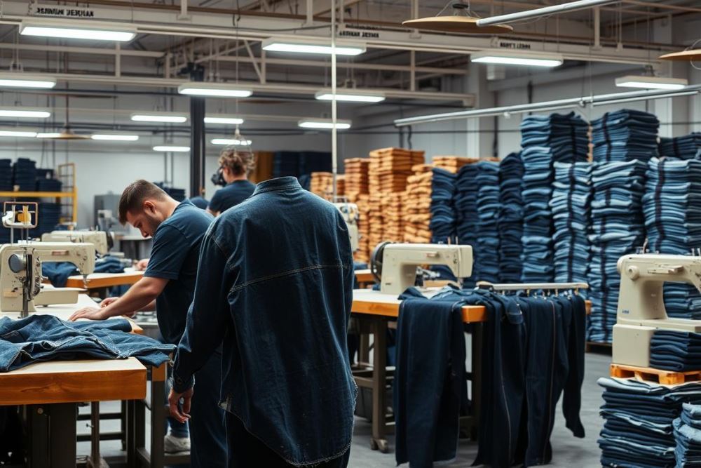 A well-lit, artisanal factory space showcasing the intricate process of crafting quality baggy jeans. In the foreground, skilled denim artisans meticulously distress and fade the fabric, applying custom washes and finishes to achieve the perfect lived-in look. In the middle ground, industrial sewing machines whir as the jeans take shape, the stitching precise and durable. The background reveals stacks of premium denim bolts, the deep indigo hues and textured weaves hinting at the superior quality materials used. Soft, even lighting illuminates the scene, capturing the craftsmanship and attention to detail that defines a true quality baggy jeans manufacturer.