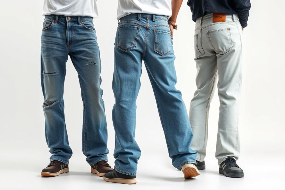 Detailed, high-quality image of the DiZNEW brand's latest baggy jeans collection. Showcase the stylish and modern design, featuring a range of washes, distressed details, and relaxed fits. Capture the jeans in a well-lit studio setting, with a clean, minimalist backdrop that allows the products to take center stage. Utilize a medium-wide angle lens to capture the full length of the jeans, showcasing the premium construction and materials. Convey a sense of high-fashion and exclusivity, reflecting DiZNEW's position as a premier manufacturer of cutting-edge baggy denim.