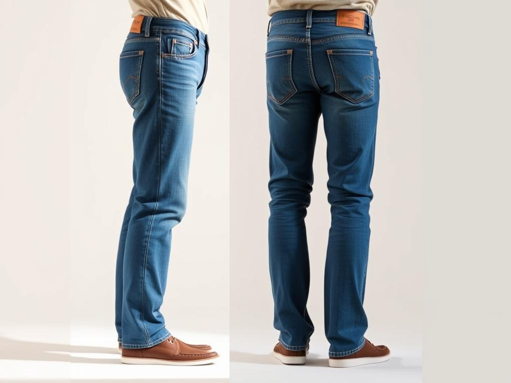 A high-quality pair of classic American-made jeans, featuring a tailored straight-leg silhouette and premium denim in a medium blue wash. The jeans have subtle fading and distressing for a worn-in look, with sturdy metal rivets and buttons. The front view showcases the iconic 5-pocket design, while the side profile highlights the clean, minimalist lines. Captured in natural, warm lighting that casts soft shadows, emphasizing the texture and quality of the denim. The background is a simple, uncluttered studio setting, allowing the craftsmanship of the jeans to take center stage.