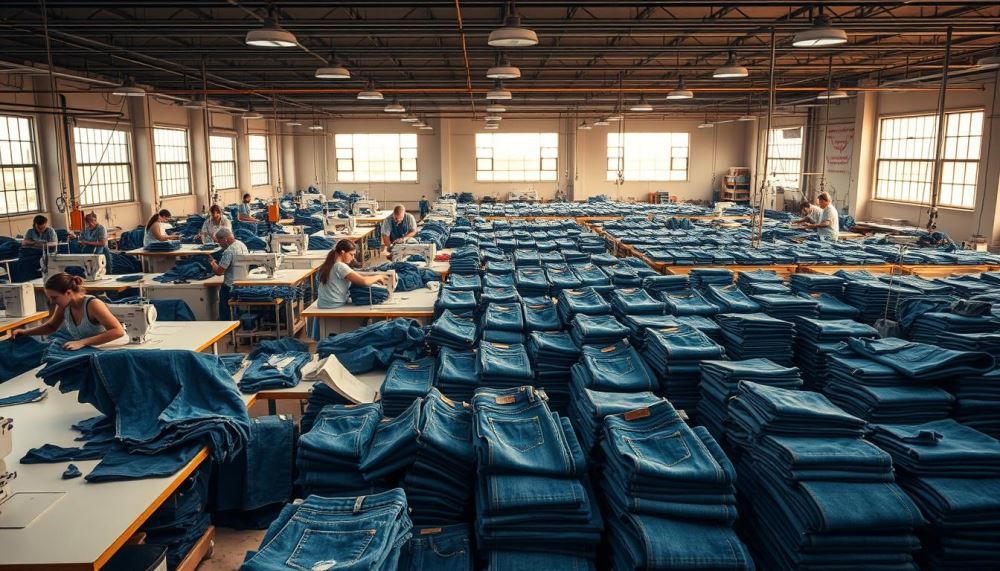 A sprawling blue jeans production facility, illuminated by warm, diffused natural light pouring through large windows. In the foreground, skilled workers carefully cut and sew denim panels, their movements precise and methodical. In the middle ground, industrial sewing machines hum as they stitch intricate seams, while quality control inspectors meticulously examine each pair. The background reveals rows of neatly folded, freshly laundered jeans, ready to be packaged and shipped to discerning customers. An atmosphere of dedication, attention to detail, and a commitment to manufacturing excellence permeates the scene.