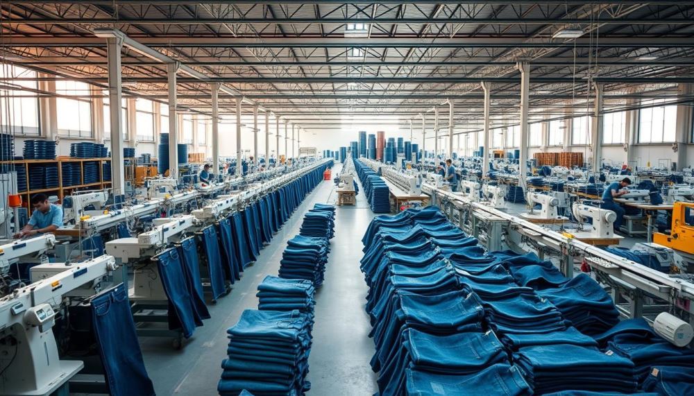 A modern, well-equipped blue jeans manufacturing facility nestled in a bustling industrial district. The foreground features rows of sewing machines operated by skilled workers, meticulously crafting premium denim garments. Midground showcases state-of-the-art washing, dyeing, and finishing equipment, ensuring consistent quality and on-trend styles. The background depicts a panoramic view of the factory, with towering stacks, loading docks, and an efficient logistics network supporting the production pipeline. Warm, natural lighting filters through large windows, creating a productive, industrious atmosphere. The overall scene conveys a sense of precision, innovation, and attention to detail - hallmarks of a reliable, high-caliber blue jeans manufacturer.