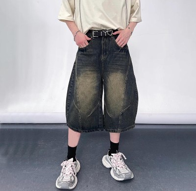Custom Washed Black Wide-Leg Denim Shorts for Boutique Designers
