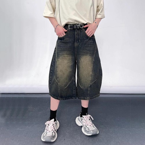 Custom Washed Black Wide-Leg Denim Shorts for Boutique Designers