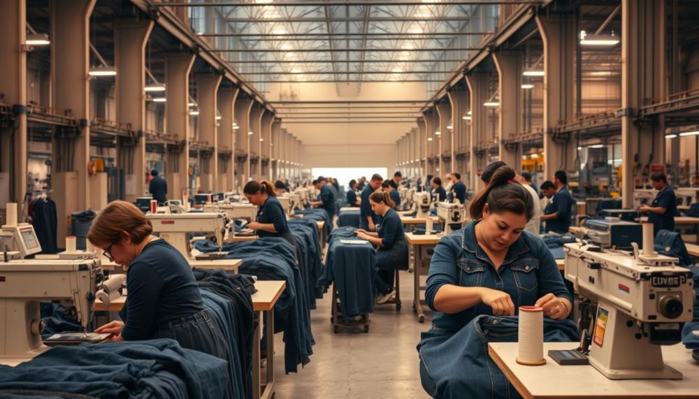 A large industrial factory, its towering walls bathed in warm, diffused lighting. In the foreground, a team of expert seamstresses carefully crafts plus-size jeans, their nimble fingers guiding the denim through the whirring machines. Bolts of premium fabric and spools of thread line the workstations, reflecting the meticulous attention to detail. In the middle ground, quality control inspectors meticulously examine each garment, ensuring a perfect fit and finish. In the background, automated cutting tables and pressing stations streamline the production process, creating an efficient, well-oiled operation. The atmosphere is one of focused dedication, where every step in the manufacturing process is optimized to deliver high-quality, inclusive denim for the modern plus-size consumer.