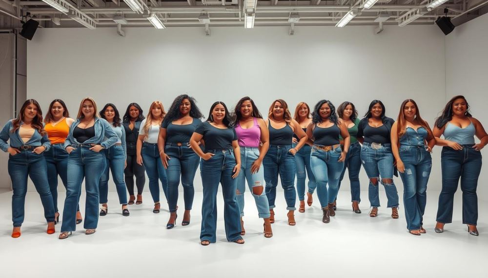 A well-lit, high-resolution fashion display featuring a diverse collection of plus-size jeans. In the foreground, an array of stylish denim designs in various shades of blue, from classic indigo to distressed washes. The middle ground showcases diverse models of different body types, each confidently showcasing the fit and flattering silhouettes of the jeans. The background depicts a chic, minimalist studio setting with clean white walls and professional lighting, creating an upscale, aspirational atmosphere. The overall mood is one of empowerment, inclusivity, and a celebration of the beauty and diversity of the plus-size form.