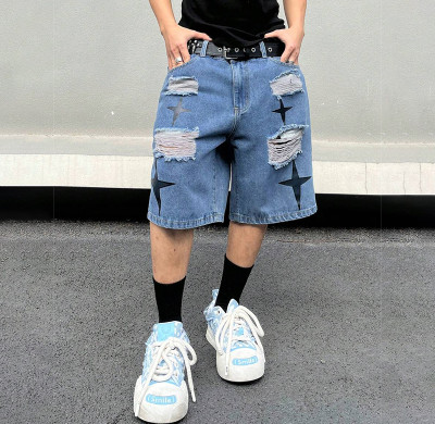 Custom Star-Patch Ripped Denim Shorts with Street Flair