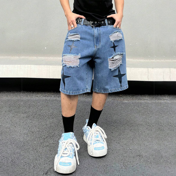 Custom Star-Patch Ripped Denim Shorts with Street Flair