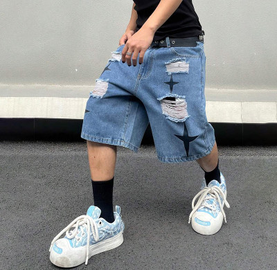 Custom Star-Patch Ripped Denim Shorts with Street Flair
