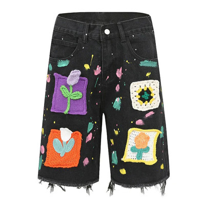 Handmade Crochet Floral Patch Denim Shorts – Color Splash Edition