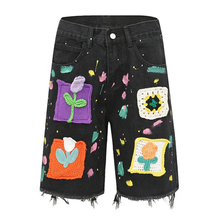 Handmade Crochet Floral Patch Denim Shorts – Color Splash Edition