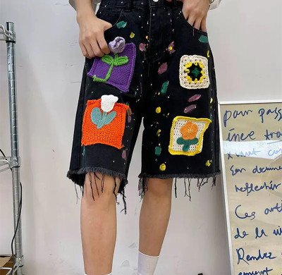 Handmade Crochet Floral Patch Denim Shorts – Color Splash Edition