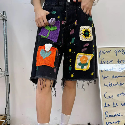 Handmade Crochet Floral Patch Denim Shorts – Color Splash Edition