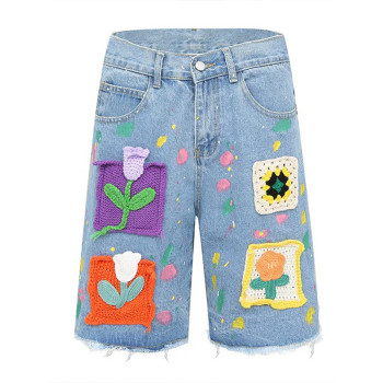 Handmade Crochet Floral Patch Denim Shorts – Color Splash Edition