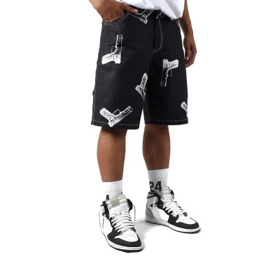 Street Graphic Gun Print Black Denim Shorts for Edgy Fashion Brands