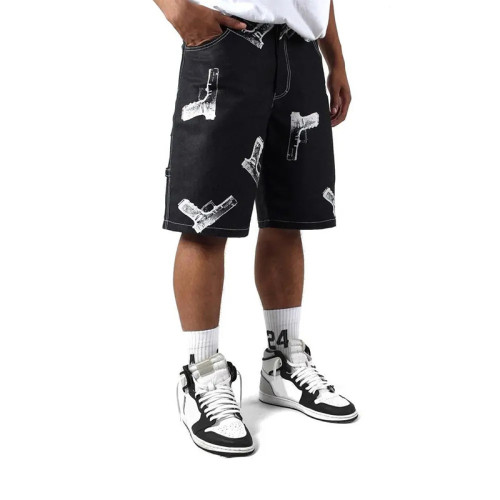 Street Graphic Gun Print Black Denim Shorts for Edgy Fashion Brands
