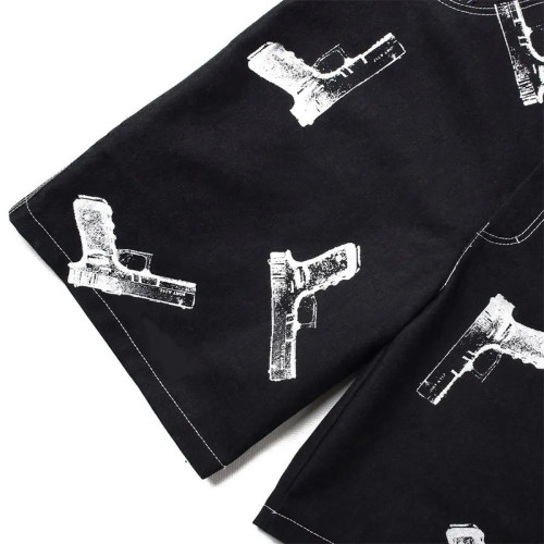 Street Graphic Gun Print Black Denim Shorts for Edgy Fashion Brands