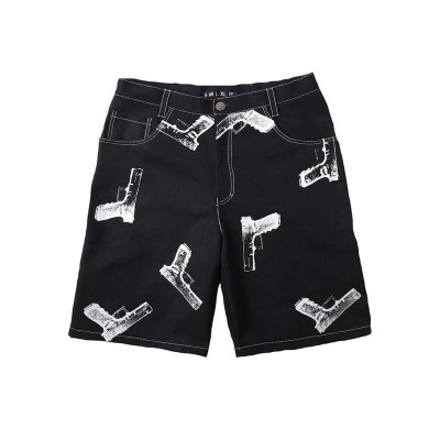 Street Graphic Gun Print Black Denim Shorts for Edgy Fashion Brands